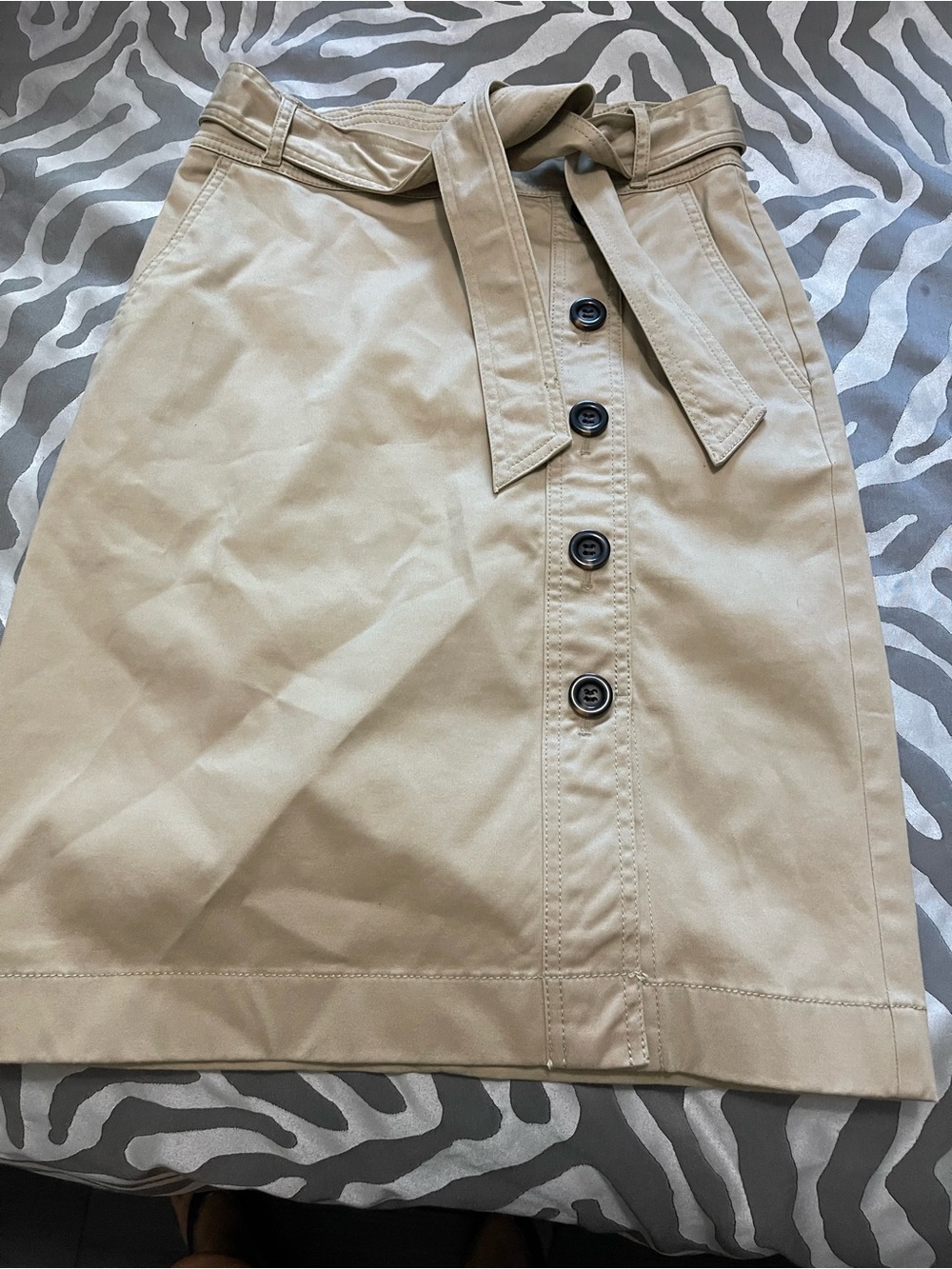 Ann Taylor Khaki Button-Front Tie-Waist A-Line Skirt